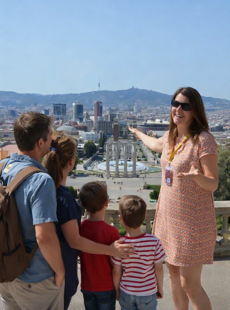Diana guiding a family with children at Montjuïc, Barcelona